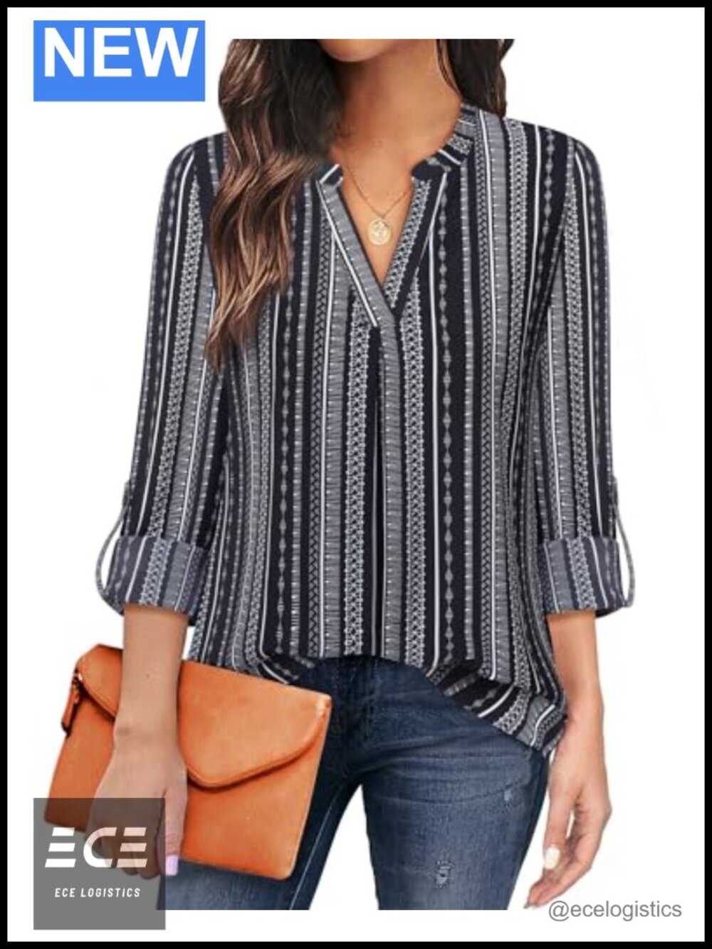 Women's Chiffon Tunic Blouse 3/4 Sleeve V-Neck Work Top Office Wear